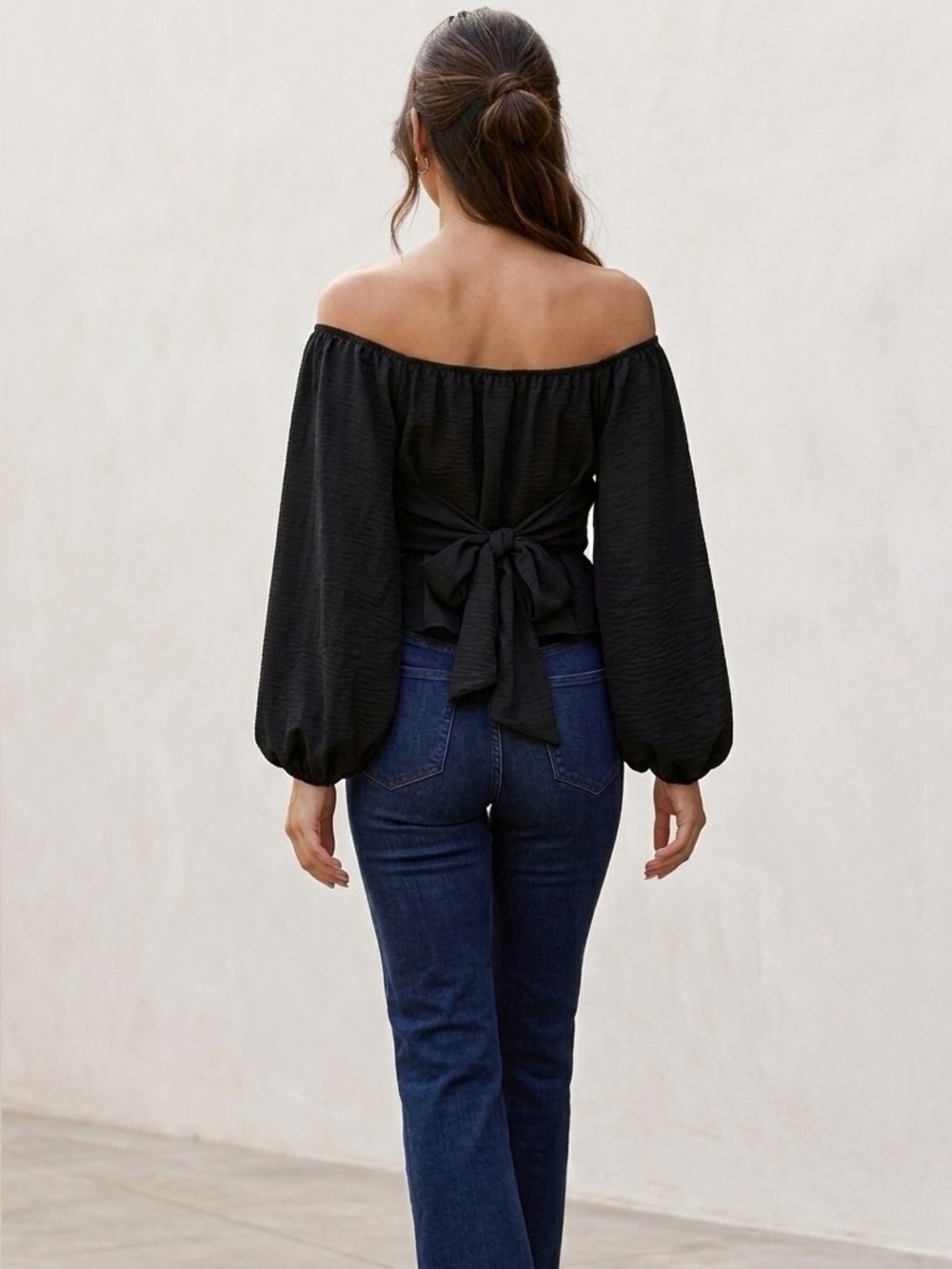 Altar'd State Black Off Shoulder Balloon Sleeve Top L Tie Romantic Coquette Boho